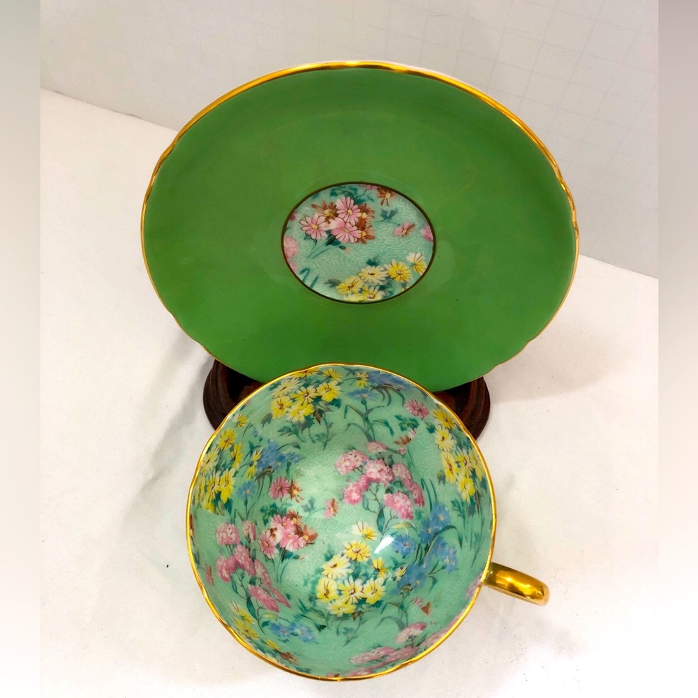 Shelley Chintz Melody Fine Bone China Green Tea Cup Saucer Gold Edge England - Picture 2 of 12